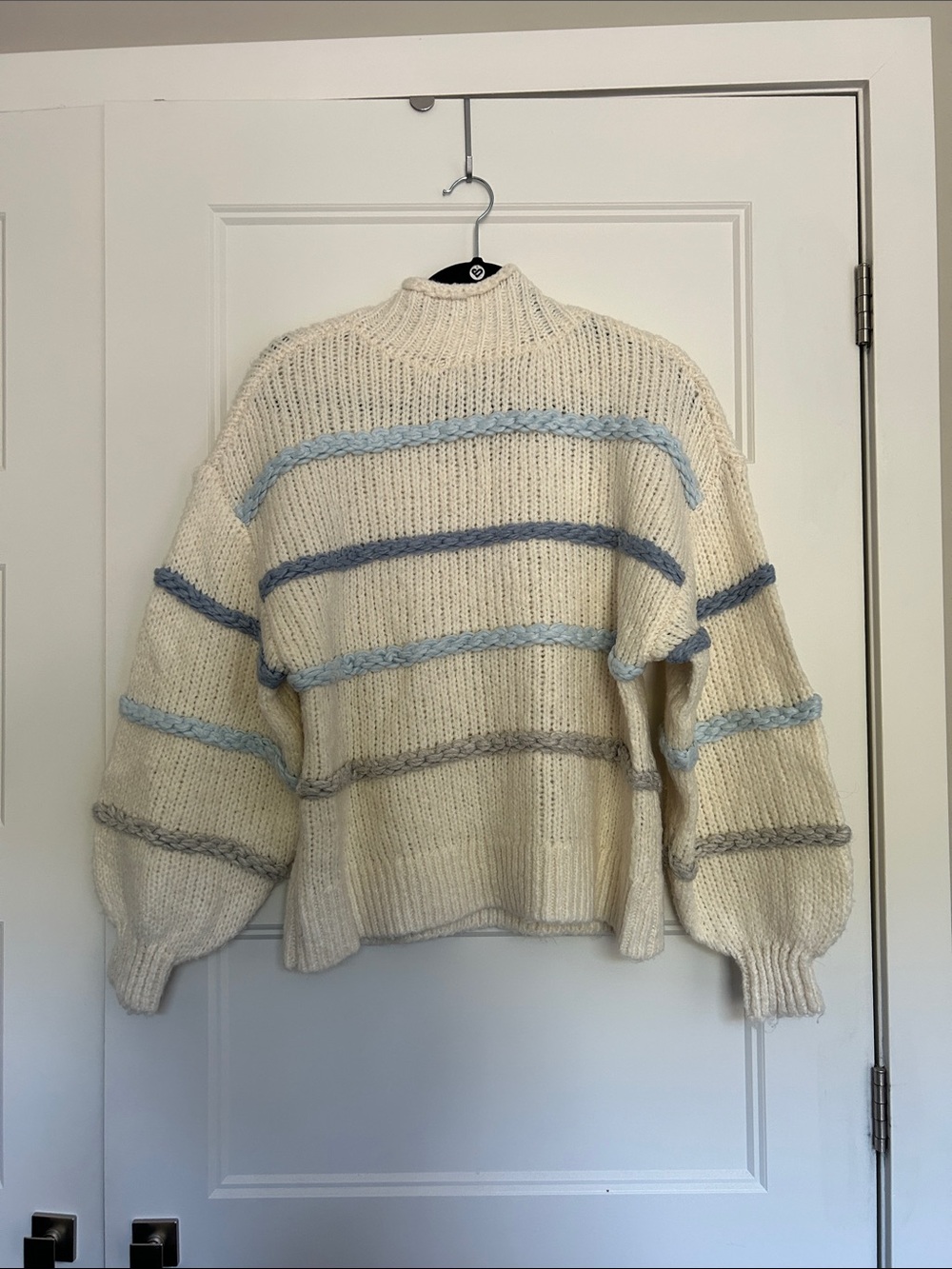 Only Cream Turtleneck Sweater with Blue & Gray Stripes